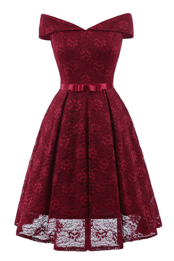 Vestido de renda com borgonha off the Shoulder com Bowknot